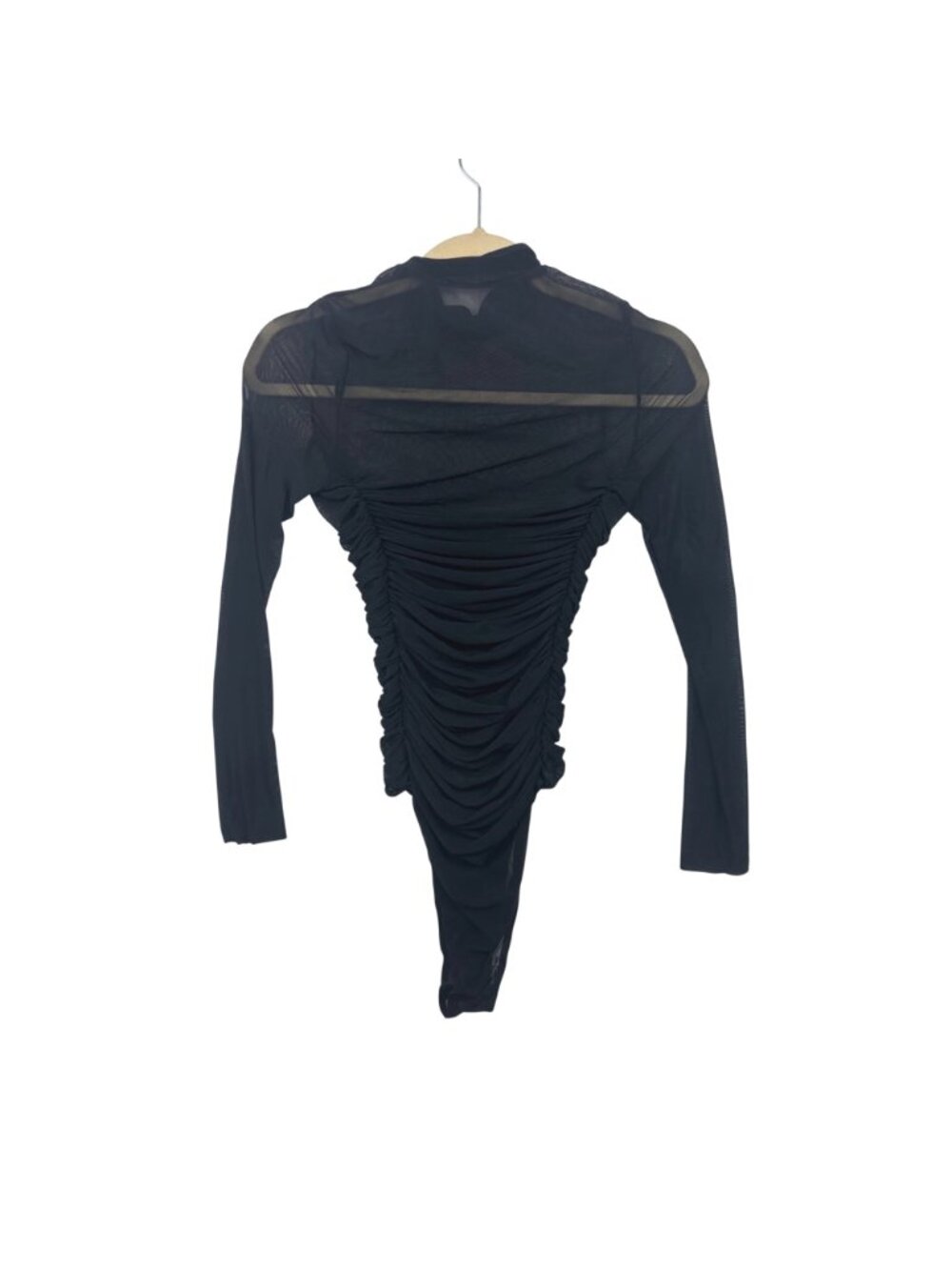 ✨3/$30 S Ruched Sheer Black Long Sleeve Bodysuit With High Neckline - Picture 3 of 3